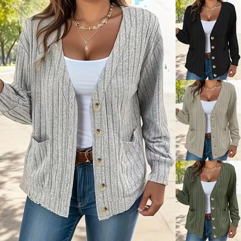 Solid Color Buttons V-neck Loose Long Sleeve Cardigan For Women