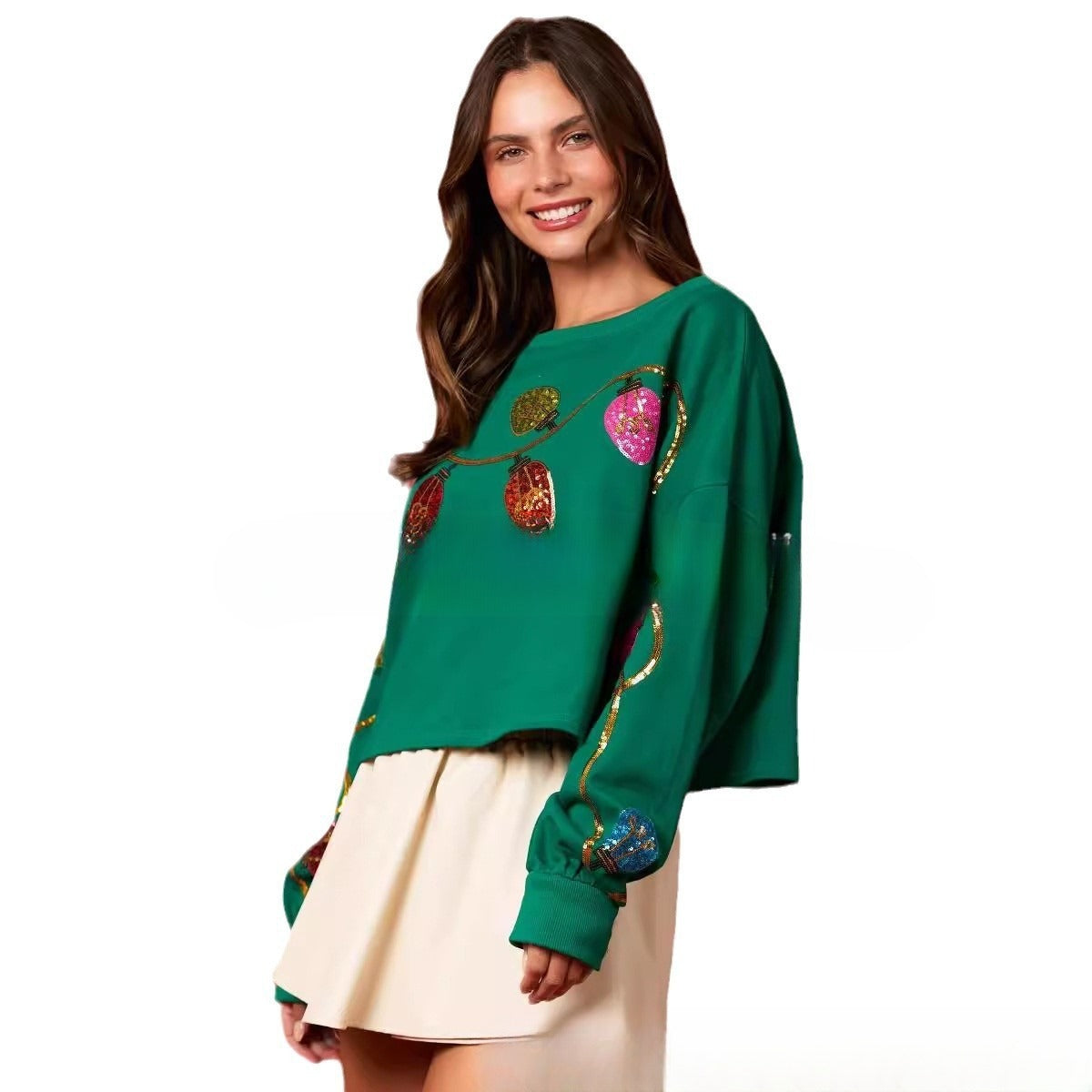 Christmas Bell Sequined Casual Long Sleeve Short Sweater