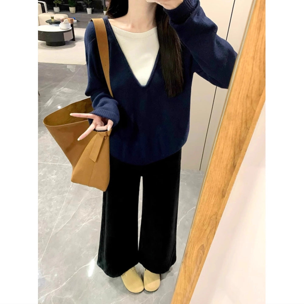 Christmas Atmosphere Contrast Colors False-two-piece V-neck Red Knitted Loose Sweater