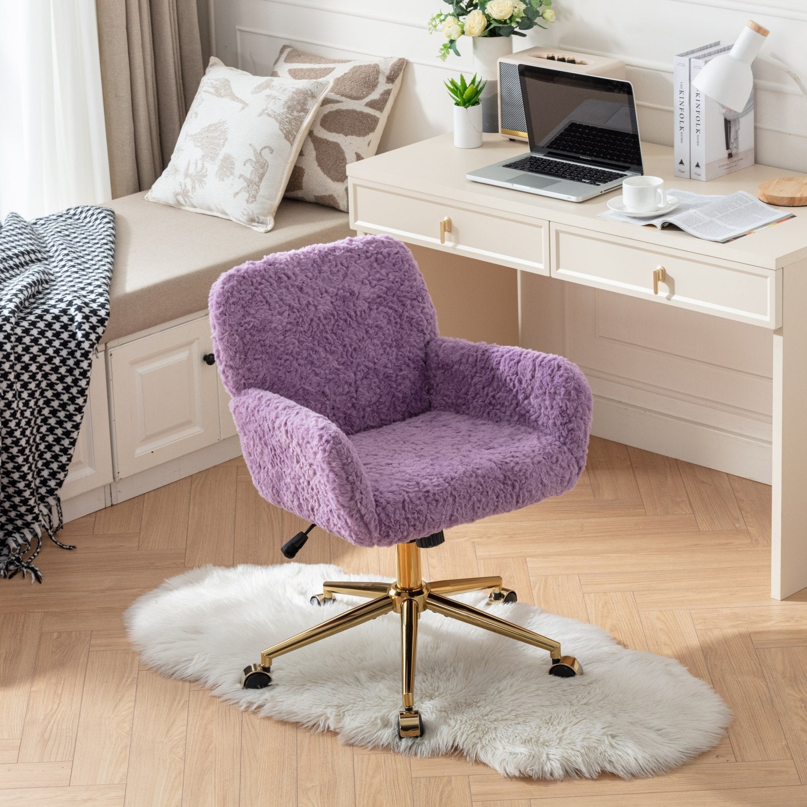 A&A Furniture Office Chair,Artificial Rabbit Hair Home Office Chair With Golden Metal Base,Adjustable Desk Chair Swivel Office Chair,Vanity Chair Violet - UNIQUE SWEETNESS5